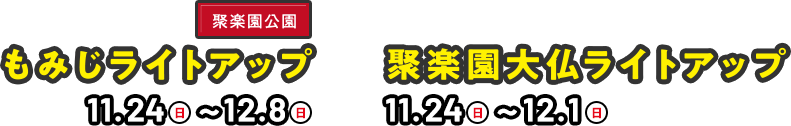 聚楽園公園もみじライトアップ 開催期間11月25日（土）～12月10日（日）・聚楽園大仏ライトアップ 開催期間 11月25日（土）～12月3日（日）